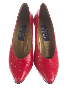 Stuart Weitzman Red Patent Leather Pumps Size 9 Pointed Toe Heels Studded